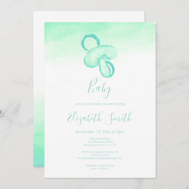 Baby green watercolor pacifier baby babyshower invitation (Front/Back)