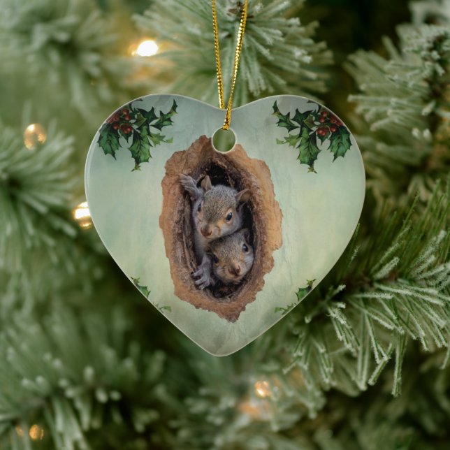 Baby Grey Squirrels Christmas Ceramic Ornament (Tree)