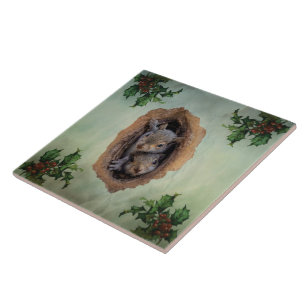 Baby Grey Squirrels Christmas Ceramic Tile