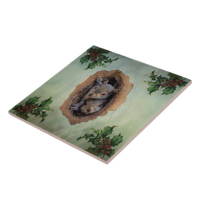 Baby Grey Squirrels Christmas Ceramic Tile (Side)