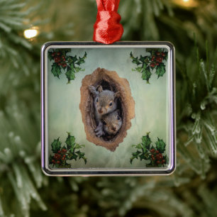Baby Grey Squirrels Christmas Metal Ornament