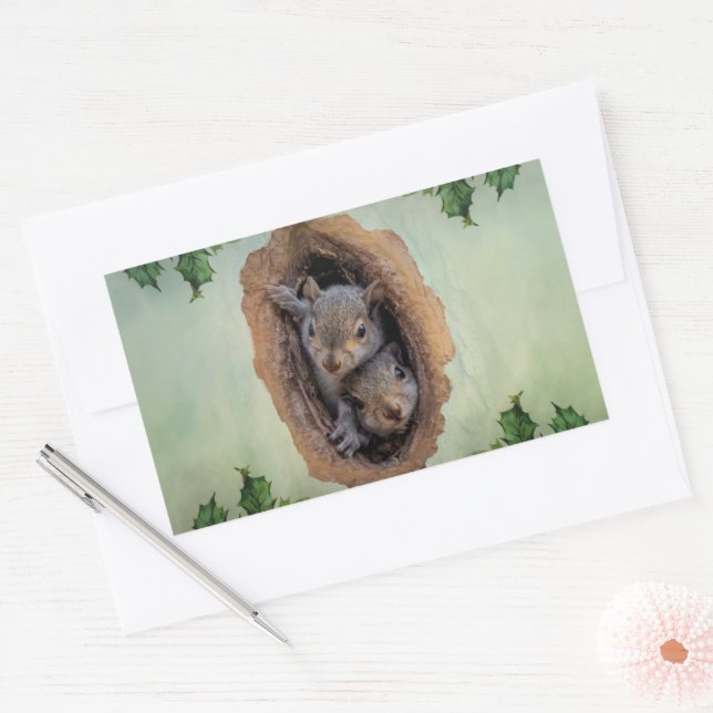 Baby Grey Squirrels Christmas Rectangular Sticker (Envelope)