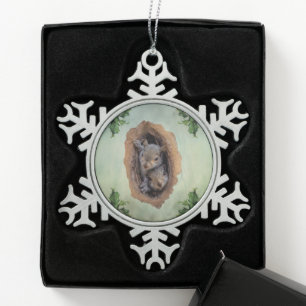 Baby Grey Squirrels Christmas Snowflake Pewter Christmas Ornament