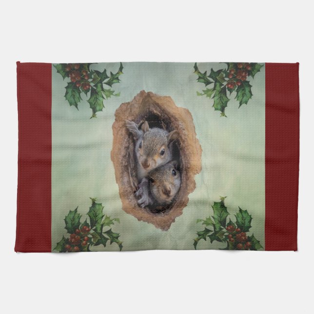 Baby Grey Squirrels Christmas Tea Towel (Horizontal)