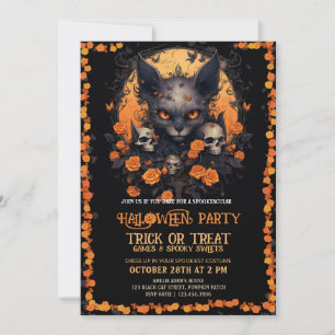 Baby Halloween Angry Cat Skull Flower Invitation