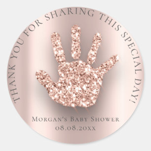 Baby Hand Shower Favour Thank Glitter Pink Rose Classic Round Sticker