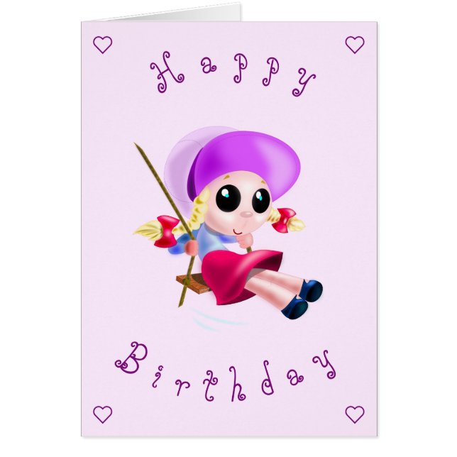 Baby Happy Birthday Card Little Girl Swinging (Front)