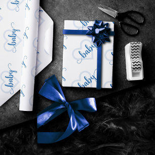 Baby Heart   Cerulean Blue Flourish Script Shower Wrapping Paper