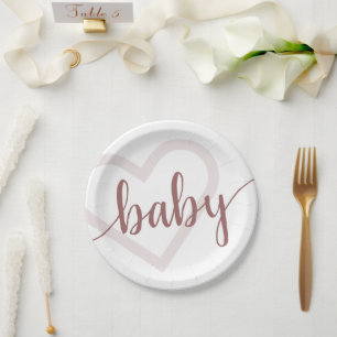 Baby Heart Desert Rose Taupe Flourish Script Paper Plate