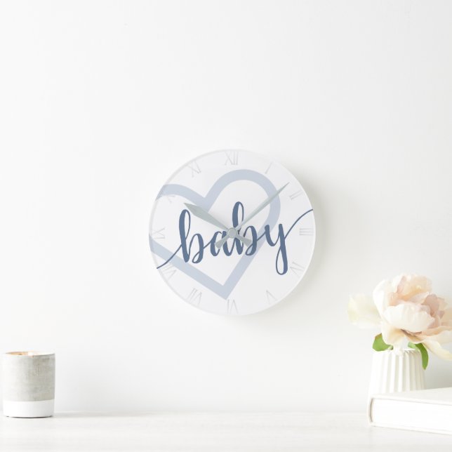 Baby Heart | Dusty Slate Blue Flourish Script Round Clock (Home)