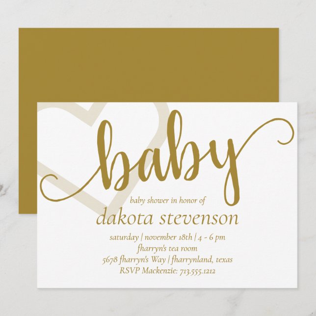 Baby Heart | Elegant Gold Script Shower or Reveal Invitation (Front/Back)