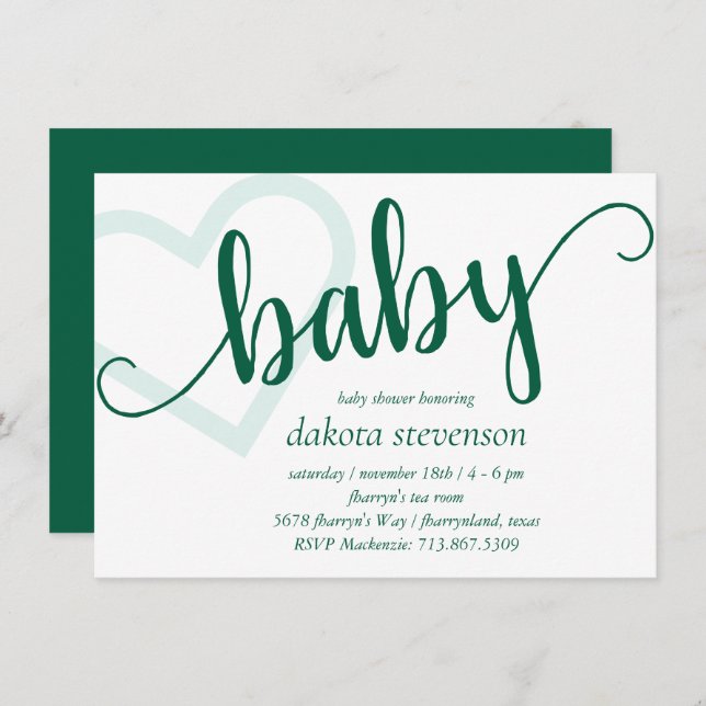 Baby Heart | Hunter Green Simple Flourish Script  Invitation (Front/Back)