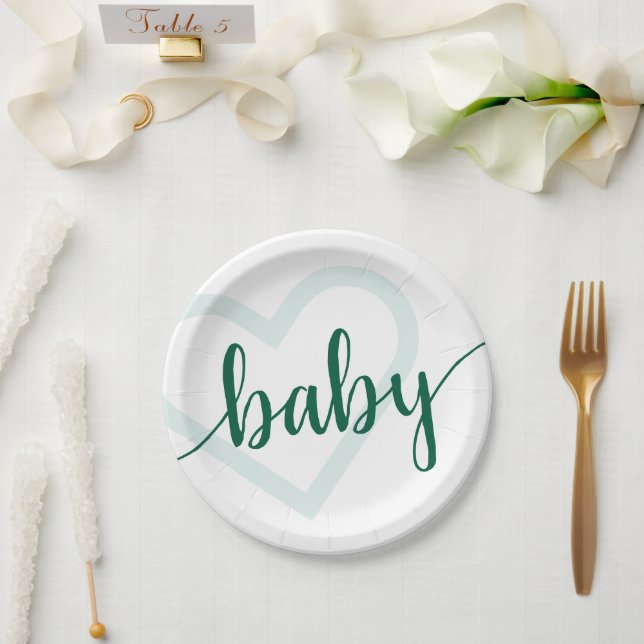 Baby Heart | Hunter Green Simple Flourish Script  Paper Plate (Wedding)