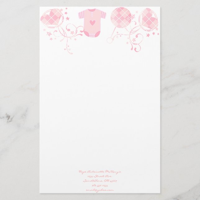 Baby Heart Rattle Argyle Onsie Pink Stationery (Front)