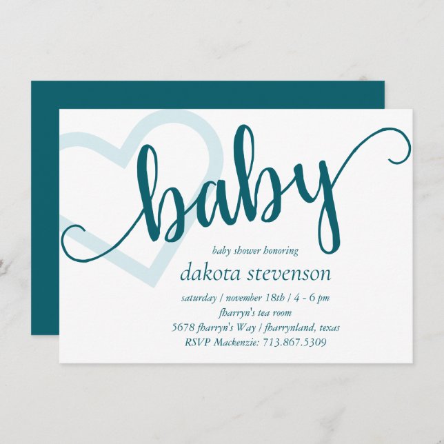 Baby Heart | Teal Dark Midnight Green Flourish  Invitation (Front/Back)