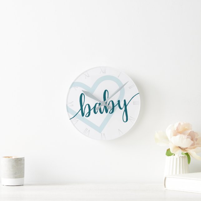 Baby Heart | Teal Dark Midnight Green Flourish  Round Clock (Home)