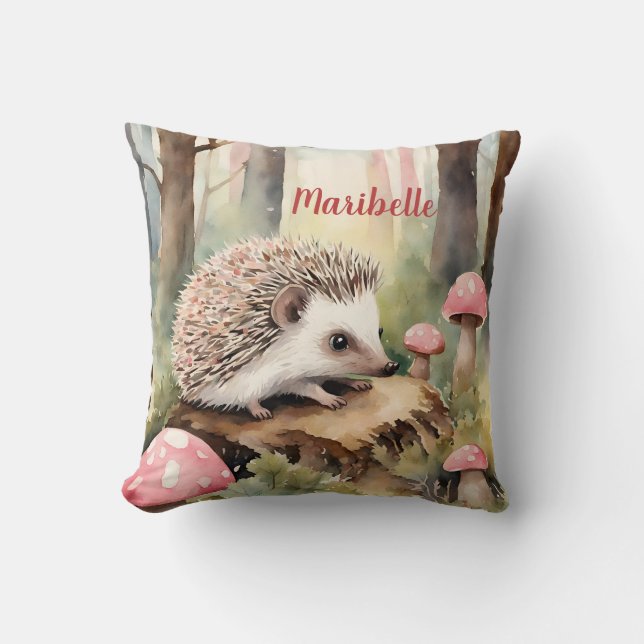 Baby Hedgehog Pink Mushroom Girls Personalised  Cushion (Front)