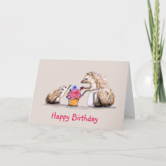 Baby Hedgehog with beetle Birthday cake Card