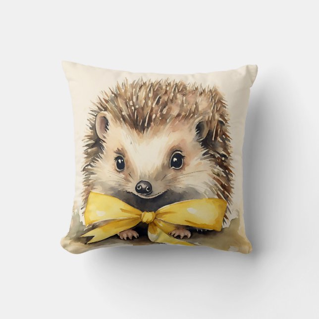 Baby Hedgehog Yellow Bow Gender Neutral Cushion (Front)