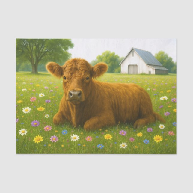 Baby Highland Cow in Pasture of Flowers Tissue Paper (Front)