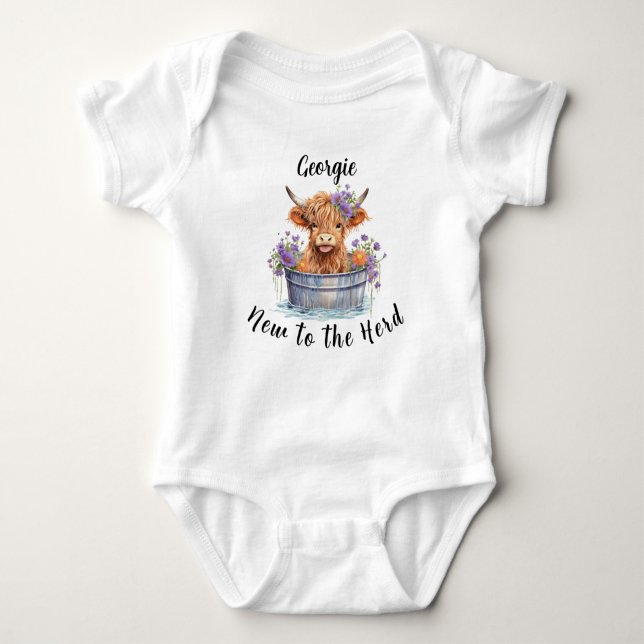 Baby Highland Cow New to the Herd Baby Bodysuit (Front)