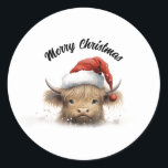 Baby Highland Cow Santa Hat  Classic Round Sticker<br><div class="desc">A joyful Christmas sticker to bring a smile to your recipients!</div>