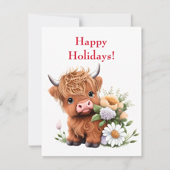 Baby Highland Cow with Daisies Holiday Card (Front)
