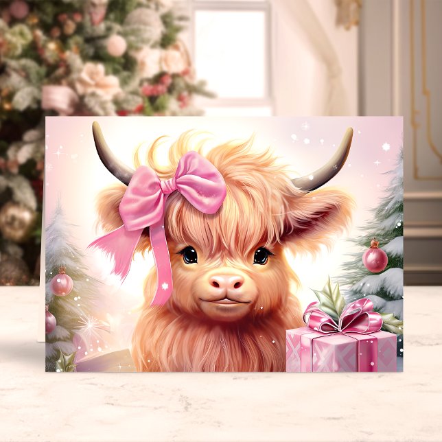 Baby Highland Cow With Pink Bow Christmas Holiday Card (Creator Uploaded)