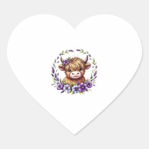 Baby Highland Cow With Purple Flowers Scottish Far Heart Sticker