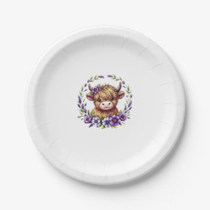 Baby Highland Cow With Purple Flowers Scottish Far Paper Plate
