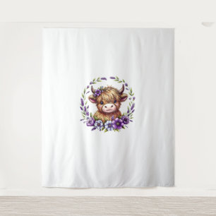 Baby Highland Cow With Purple Flowers Scottish Far Tapestry