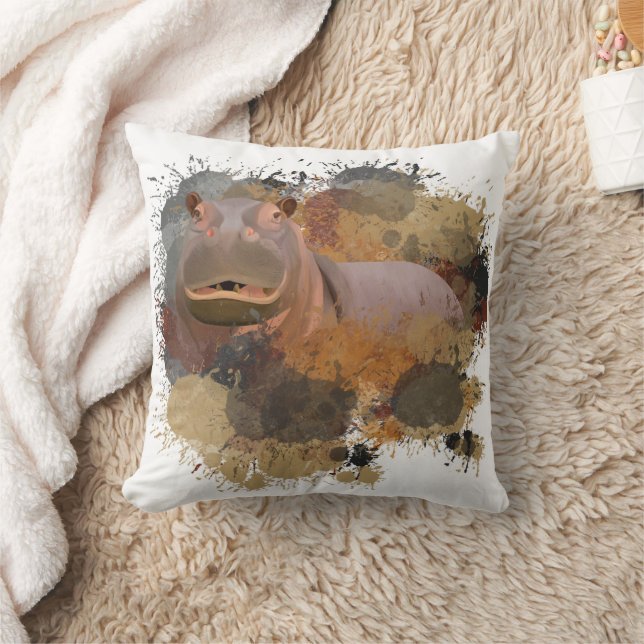 Baby Hippo Abstract Paint Splatter Wildlife Cushion (Blanket)