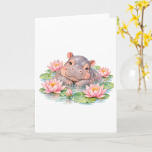 Baby Hippo Among Water Lilies Card