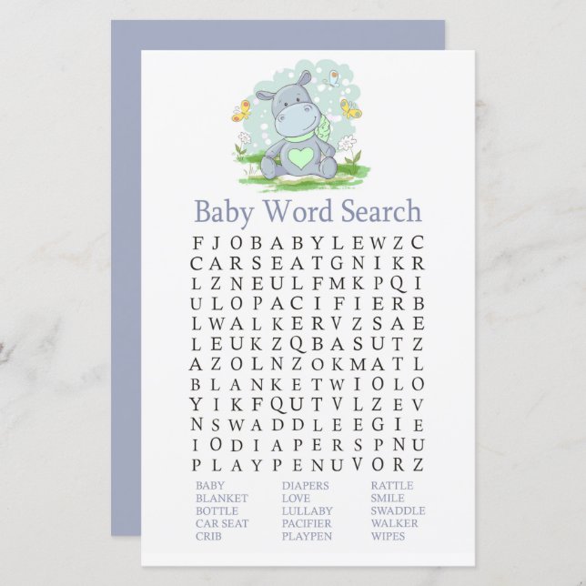 Baby Hippo Baby Shower Word Search Game (Front/Back)