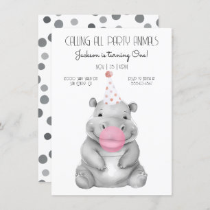 Baby hippo black and white Birthday Invitation