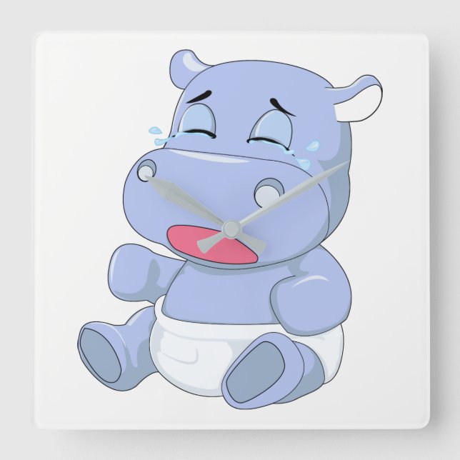Baby Hippo Crying Square Wall Clock (Front)