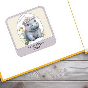 Baby Hippo Cute I Love To Read Bookplate Sticker