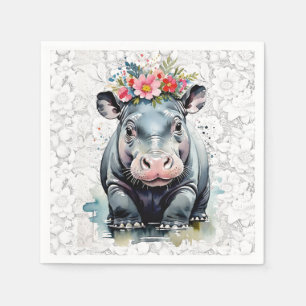 Baby Hippo In A Puddle Wearing A Flower Crown Napkin