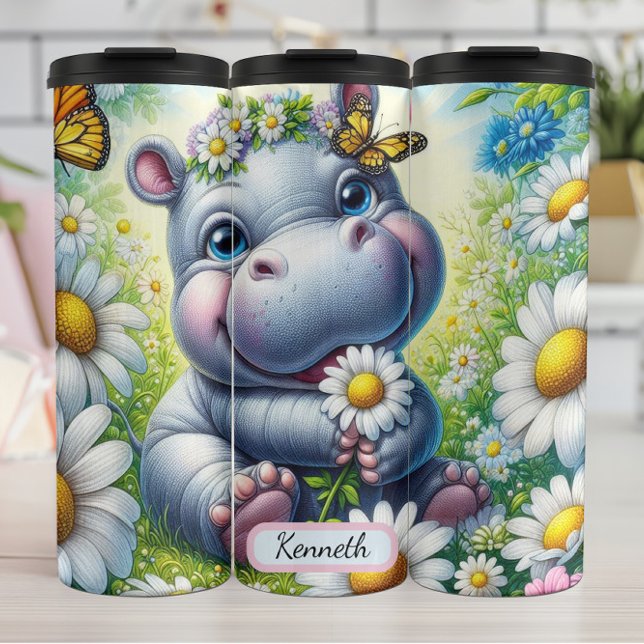 Baby Hippo in Flower Meadow with Butterflies Thermal Tumbler (Creator Uploaded)
