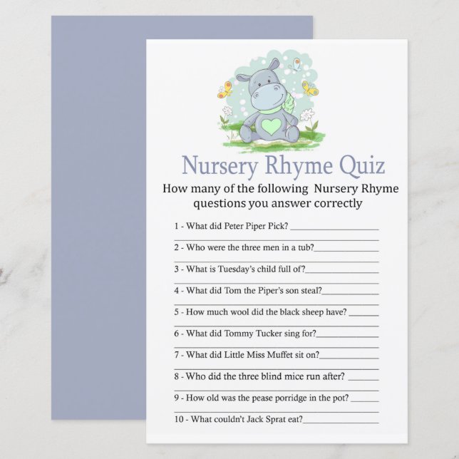 Baby Hippo Nursery Rhyme Quiz baby shower game (Front/Back)