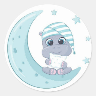 Baby Hippo Over The Moon  Classic Round Sticker