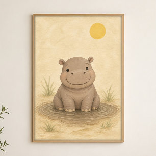 Baby Hippo Puddle Watercolour Whimsical Art Poster