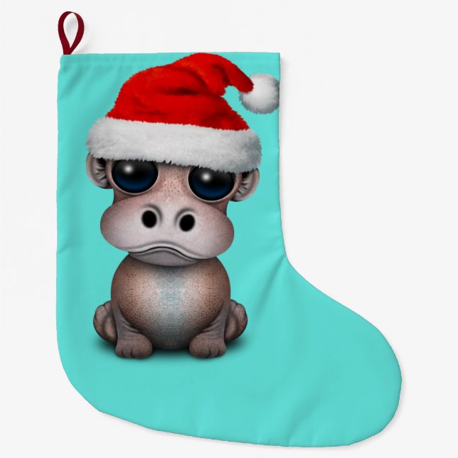Baby Hippo Wearing a Santa Hat Large Christmas Stocking (Front)
