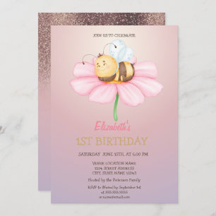 Baby Honey Bee Glitter Birthday Invitation