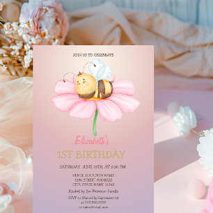 Baby Honey Bee Glitter Birthday Invitation