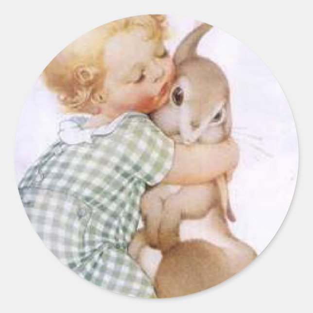 Baby Hugging Easter Bunny Classic Round Sticker (Front)