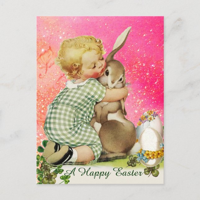 BABY HUGGING EASTER BUNNY IN PINK FUCHSIA SPARKLES HOLIDAY POSTCARD (Front)