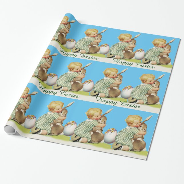 BABY HUGGING EASTER BUNNY ,Sky Blue Wrapping Paper (Unrolled)