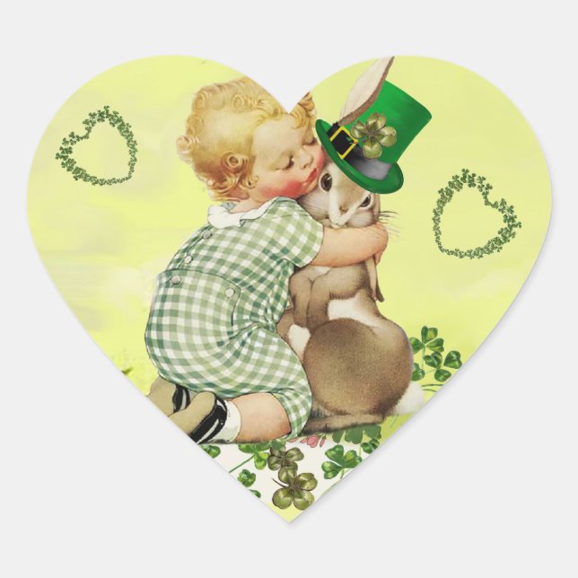 BABY HUGGING RABBIT,HEARTS IRISH ST. PATRICK'S DAY HEART STICKER (Front)