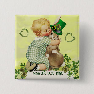 BABY HUGGING RABBIT IRISH ST. PATRICK'S DAY PARTY 15 CM SQUARE BADGE